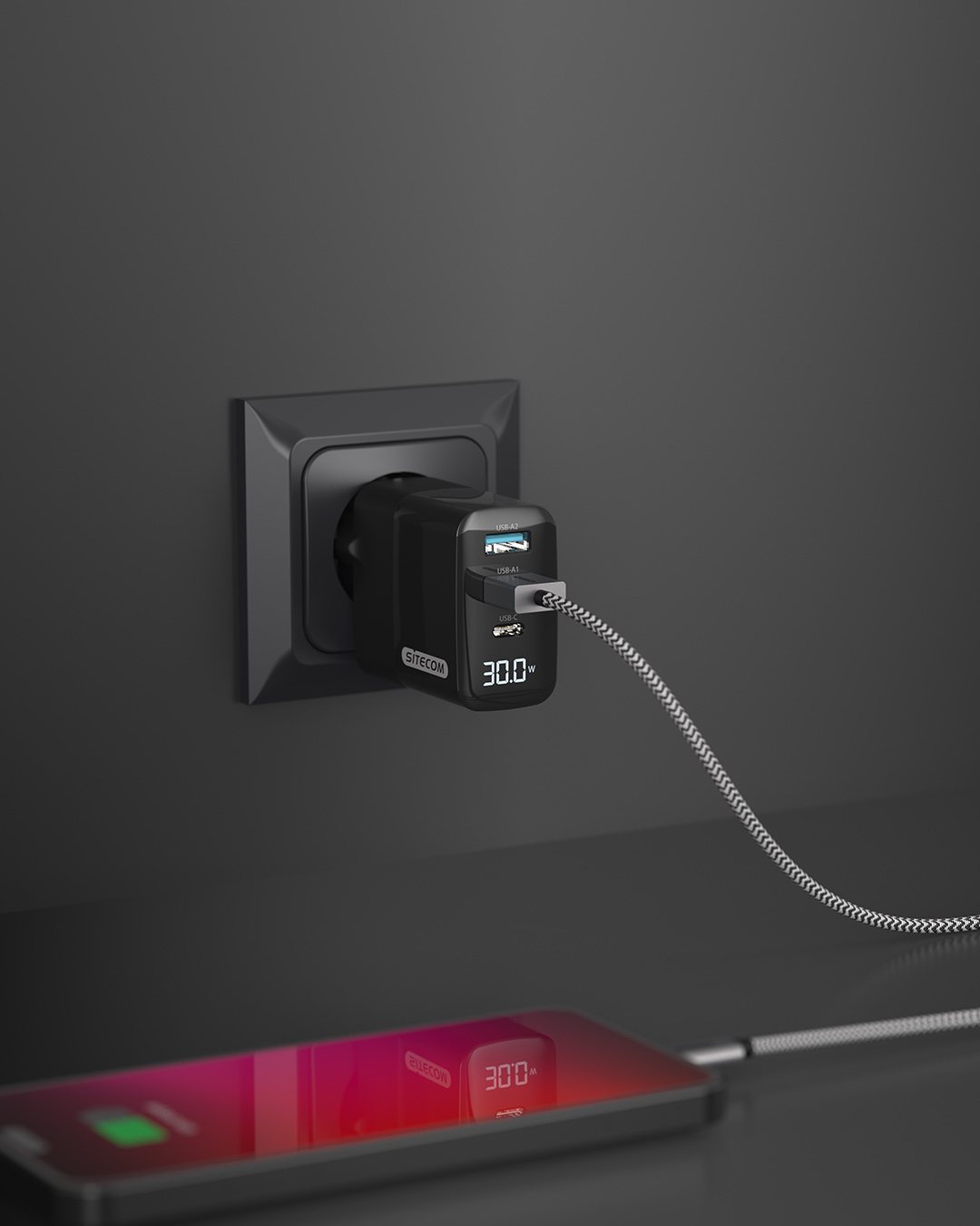 Sitecom - 30W GaN Power Delivery Wall Charger with LED display - CH-1001