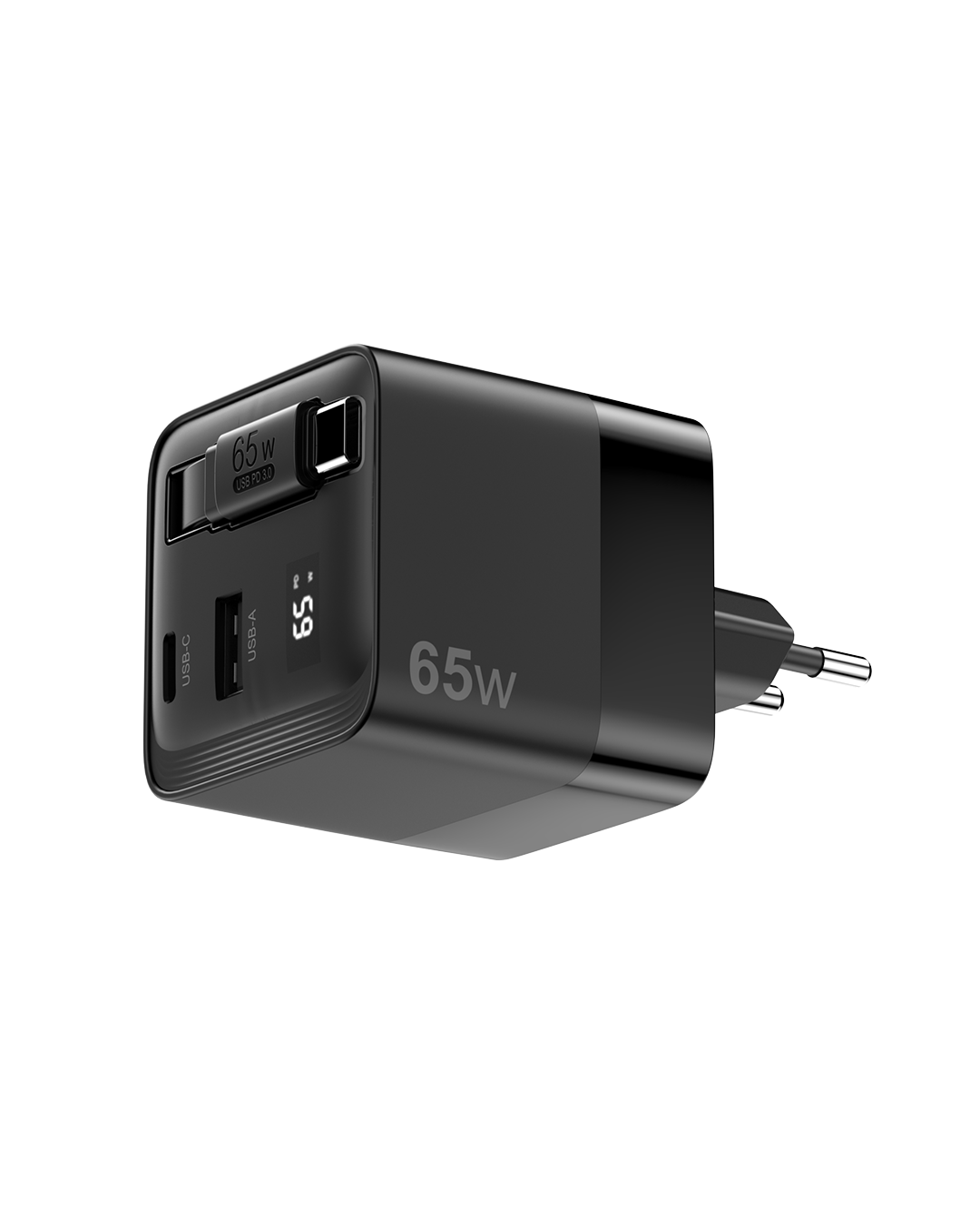 65W GaN Power Delivery Wall Charger with retractable cable