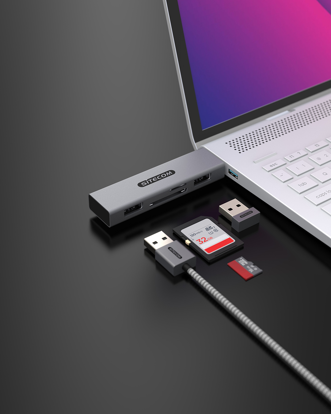 Sitecom -USB Stick Card Reader with 2 USB Ports - MD-1013